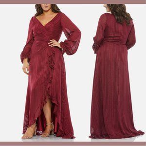 NWT Mac Duggal [ PLUS 14W ] Striped Faux Wrap‎ Bishop Sleeve Gown Burgundy Red
